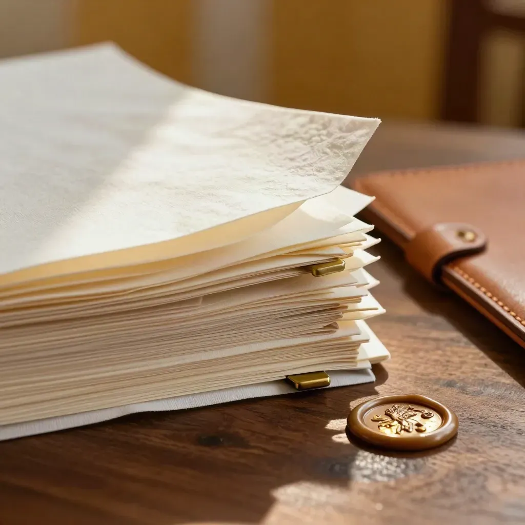 Cream legal bundle with brass tabs, wax seal and leather folio on walnut in warm light.