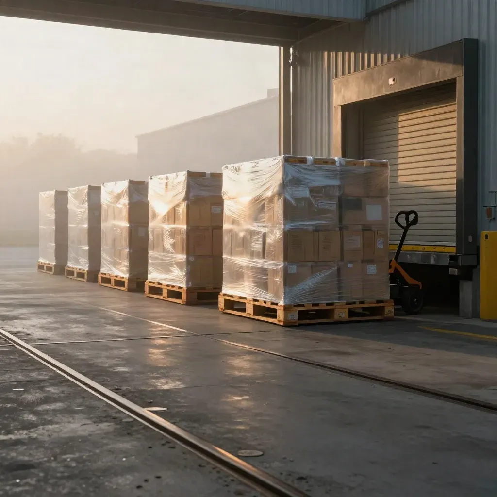 Warehouse loading bay with wrapped pallets and crates lit by misty dawn light.