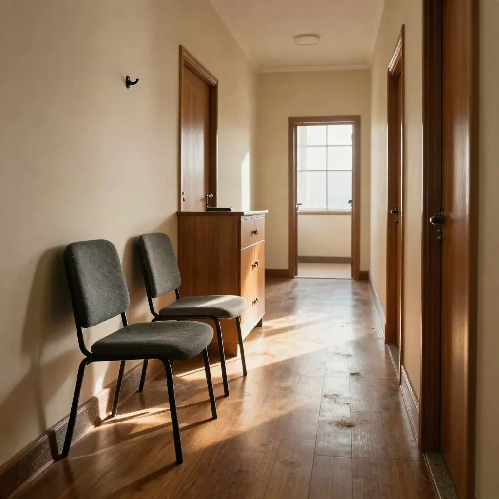 Empty law office corridor with tucked chairs, closed cabinet and light at the far end.