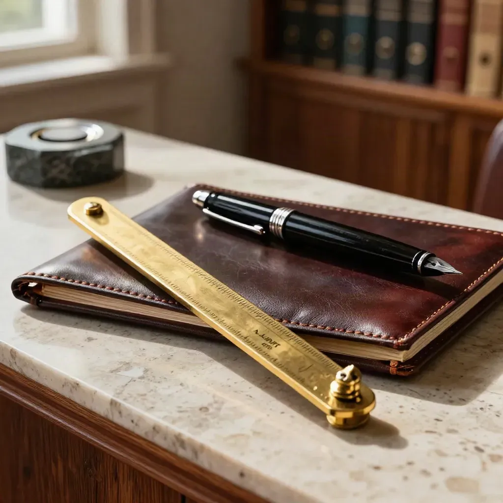 Macro still life of law tools on travertine: brass scales, leather folio, fountain pen, stone paperweight.