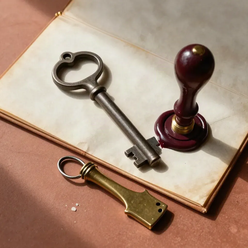 Antique key, wax seal, ivory file wallet and brass letter opener on terracotta stone