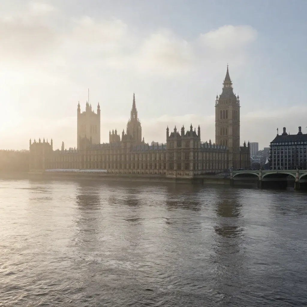 Westminster and the Thames at dawn, misty river skyline with calm open water below
